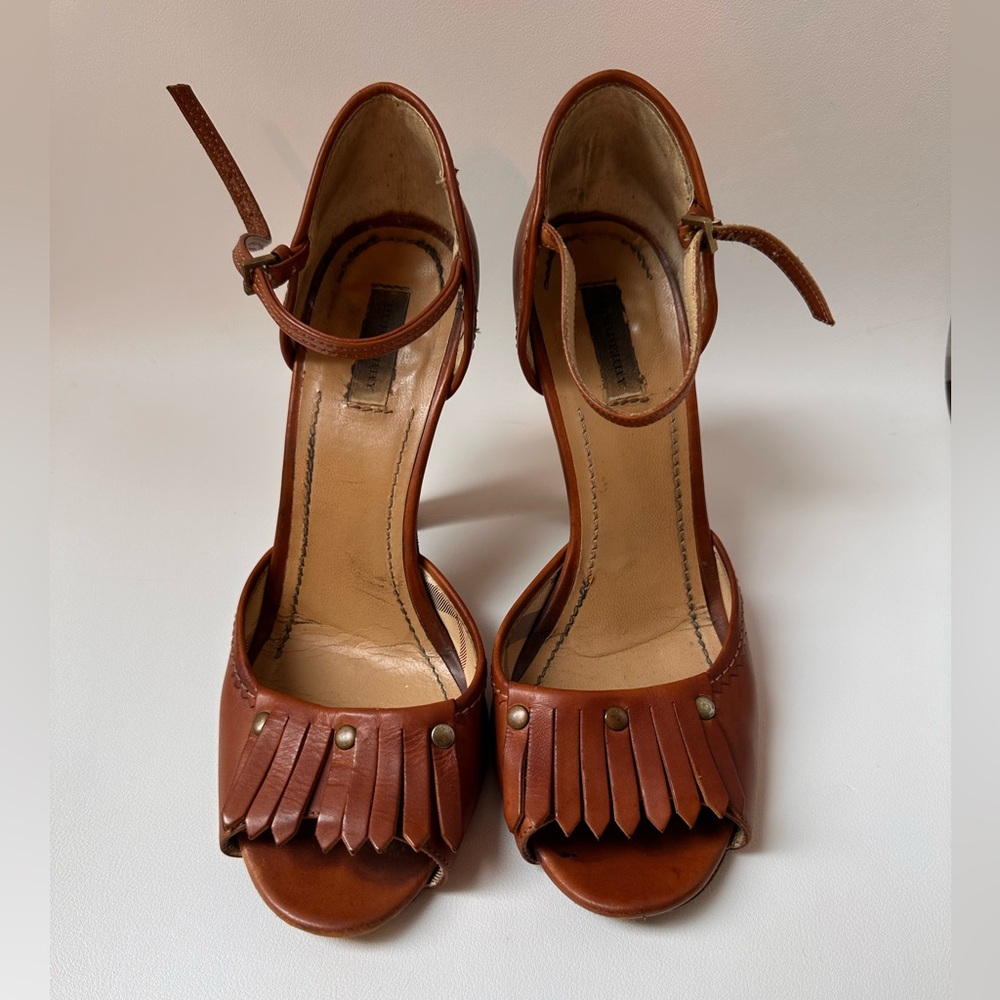 Burberry Brown Leather Fringe Peep Toe Heel size 6